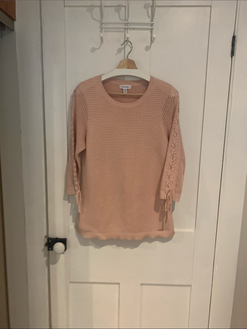 Calvin Klein Dusty Pink Crewneck Sweater with Lace-Up Sleeves
